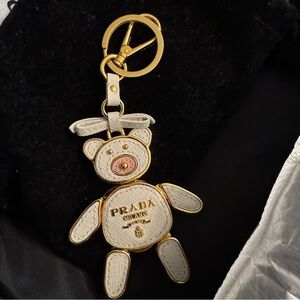 Prada Cream Leather Teddy Bear Keychain with Gold Hardware